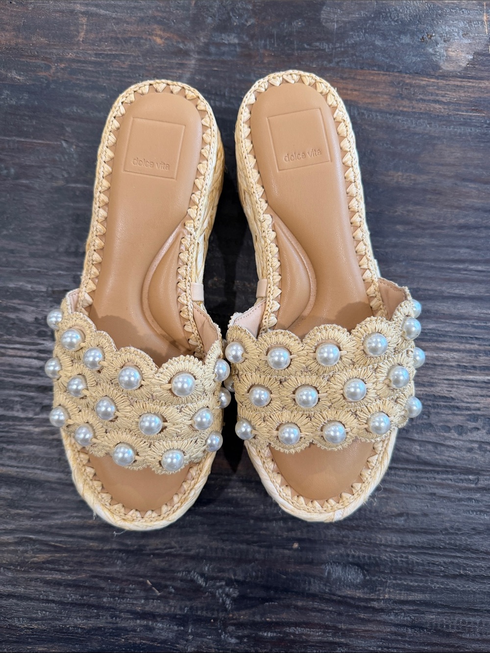 Dolce Vita caper pearl light natural Raffia platform slide sandals 7.5